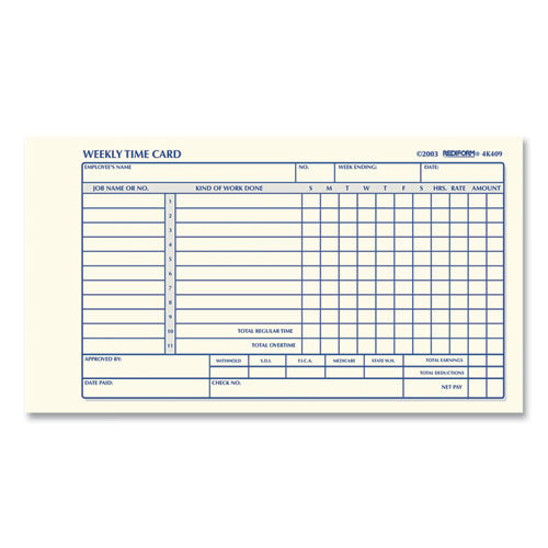 Weekly Employee Time Cards, One Side, 4.25 X 7, 100/pad