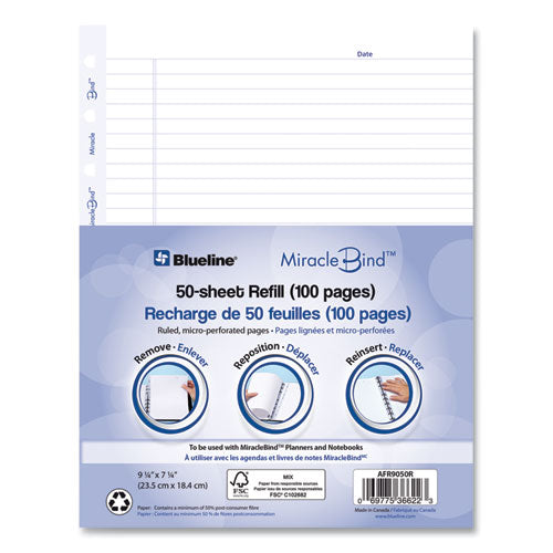 Miraclebind Ruled Paper Refill Sheets For All Miraclebind Notebooks And Planners, 9.25 X 7.25, White/blue Sheets, Undated