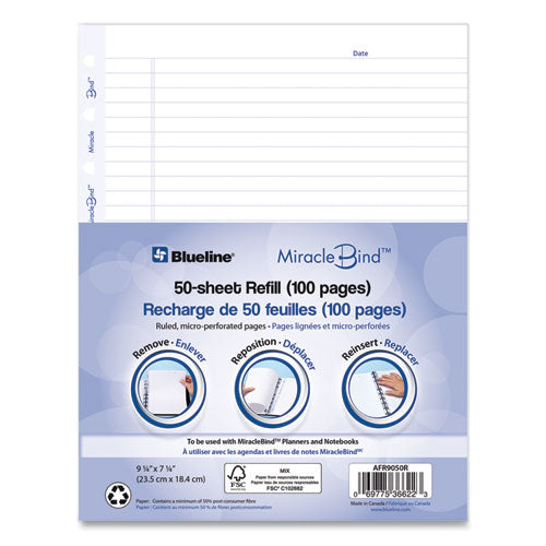 Miraclebind Ruled Paper Refill Sheets For All Miraclebind Notebooks And Planners, 9.25 X 7.25, White/blue Sheets, Undated