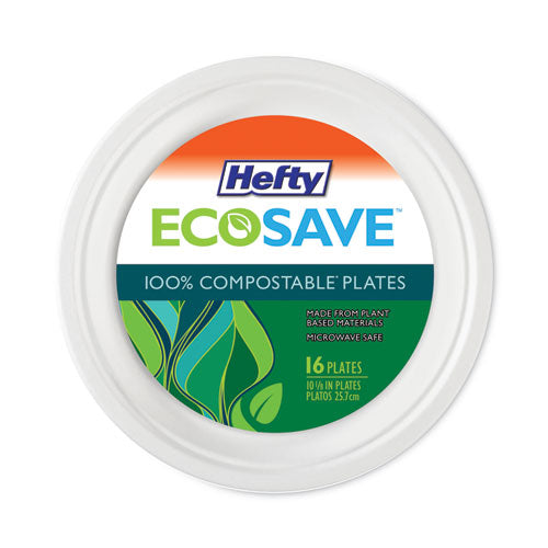 Ecosave Tableware, Plate, Bagasse, 10.13" Dia, White, 16/pack, 12 Packs/carton