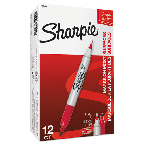 Twin-tip Permanent Marker, Extra-fine/fine Bullet Tips, Red, Dozen