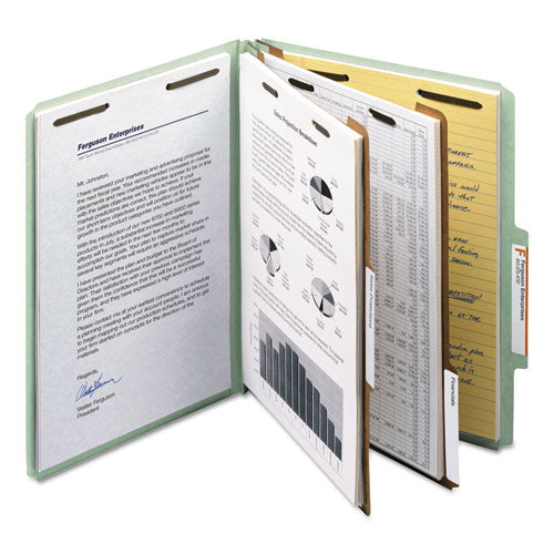 Recycled Pressboard Classification Folders, 2" Expansion, 2 Dividers, 6 Fasteners, Letter Size, Gray-green, 10/box