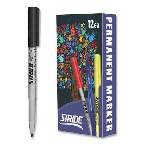 Stridemark Permanent Marker, Fine Bullet Tip, Black, 12/box