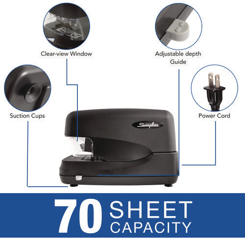 High-capacity Flat Clinch Electric Stapler, 70-sheet Capacity, Black