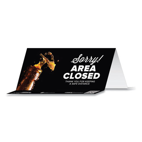 Besafe Messaging Table Top Tent Card, 8 X 3.87, Sorry! Area Closed Thank You For Keeping A Safe Distance, Black, 100/carton