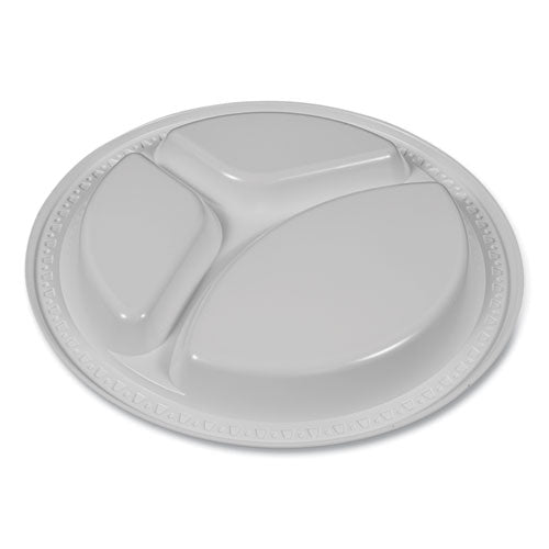 Plastic Dinnerware, 3-compartment Plates, 9" Dia, White, 125/pack