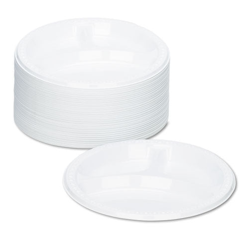 Plastic Dinnerware, 3-compartment Plates, 9" Dia, White, 125/pack