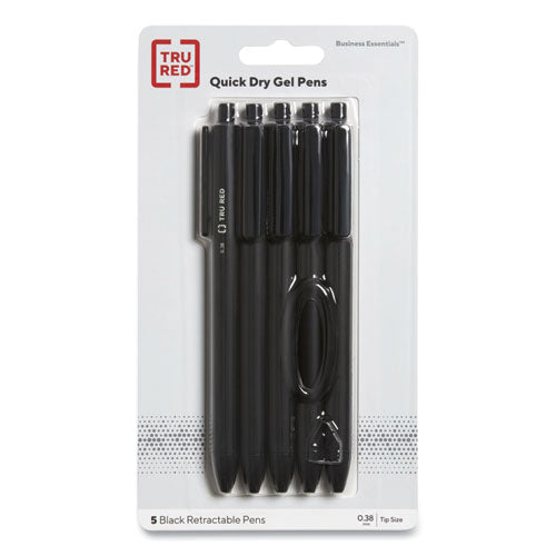 Quick Dry Gel Pen, Retractable, Extra-fine 0.38 Mm, Black Ink, Black Barrel, 5/pack