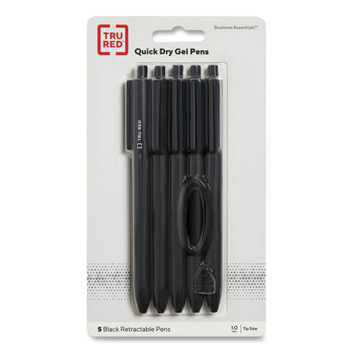 Quick Dry Gel Pen, Retractable, Bold 1 Mm, Black Ink, Black Barrel, 5/pack