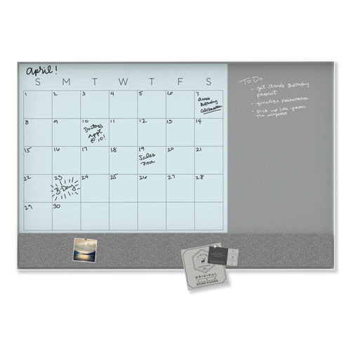 3n1 Magnetic Glass Dry Erase Combo Board, Monthly Planning, 48 X 36 (actual Size: 47" X 35"), Gray/white Surface, White Frame