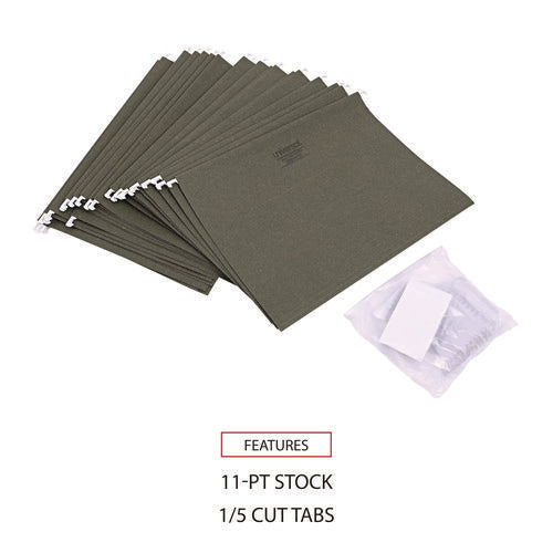 Hanging File Folders, Letter Size, 1/5-cut Tabs, Standard Green, 25/box