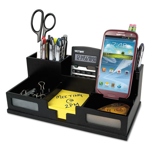 Midnight Black Desk Organizer With Smartphone Holder, 6 Compartments, Wood, 10.5 X 5.5 X 4