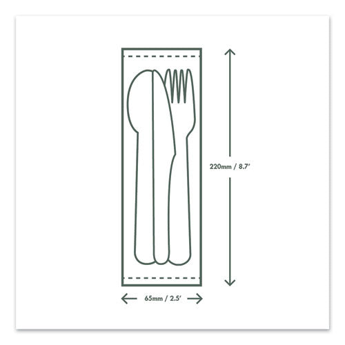 Cutlery Kits, Compostable, Fork/knife/spoon/napkin, White, 250/carton