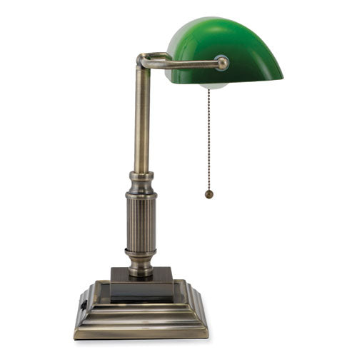 Led Bankers Lamp With Green Shade, Candlestick Neck, 14.75" High, Antique Bronze