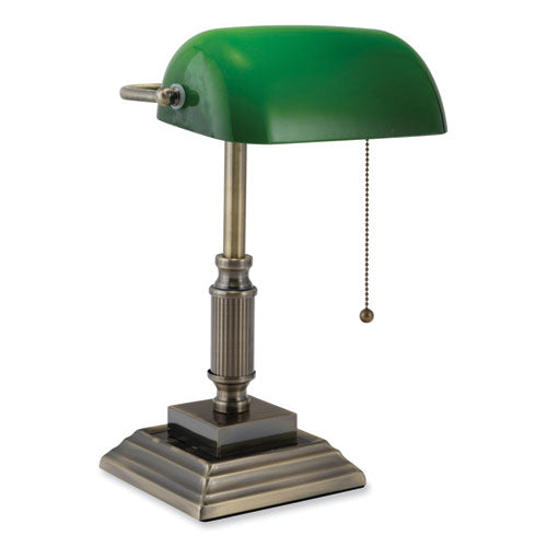 Led Bankers Lamp With Green Shade, Candlestick Neck, 14.75" High, Antique Bronze