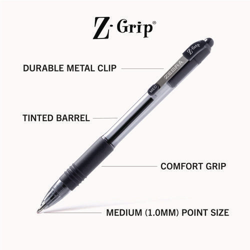 Z-grip Ballpoint Pen, Retractable, Medium 1 Mm, Black Ink, Clear/black Barrel, 24/pack