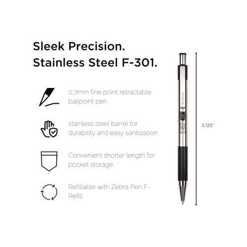 F-301 Ballpoint Pen, Retractable, Fine 0.7 Mm, Black Ink, Stainless Steel/black Barrel