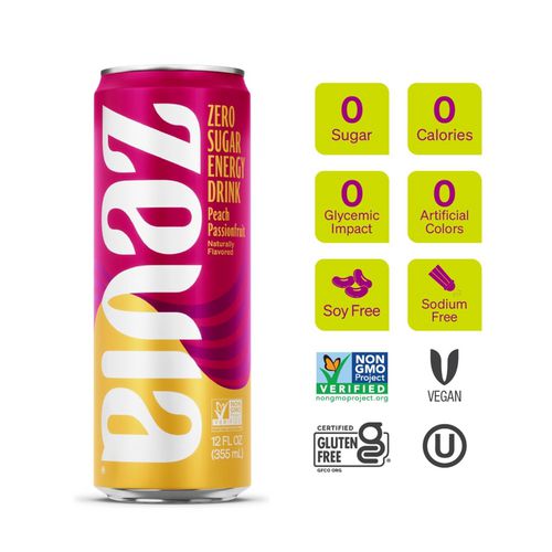 Zero Sugar Naturally Sweetened Energy Drink, Peach Passionfruit, 12 Oz Can, 12/carton