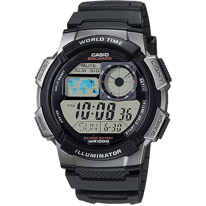 Classic World Time Digital Watch W/ 100 Meter Water-resistance