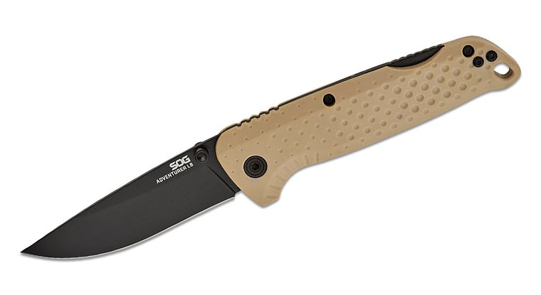 Sog Adventurer Lb Lockback Folding Knife 3"" Black Pvd Drop Point Blade, Fde Flat Dark Earth Grn Handles