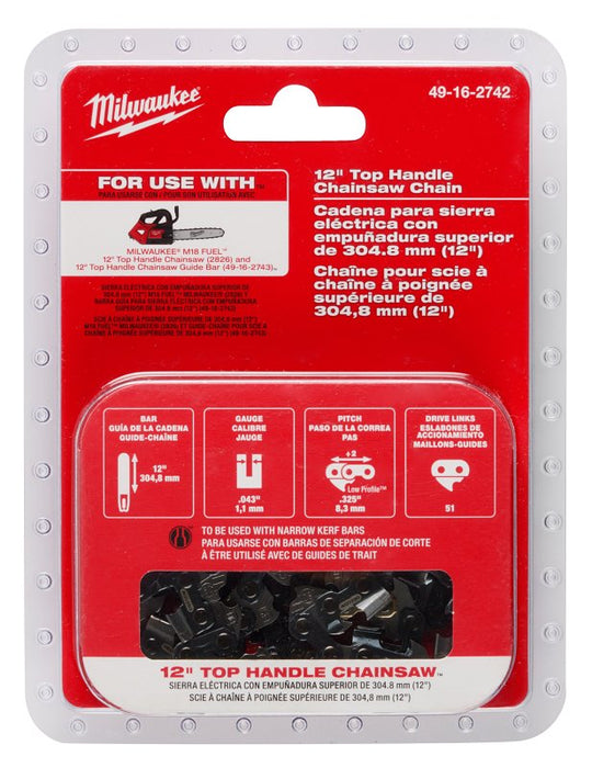 Milwaukee 49-16-2742 Chainsaw Chain, Low Kickback Chain, 12 in L Bar, 0.043 in Gauge, 0.325 in TPI/Pitch, 51 -Link