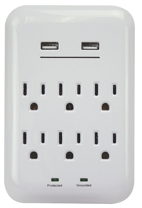 PowerZone ORUSB346S USB Charger with Surge Protection, 2-Pole, 125 V, 15 A, 6-Outlet, 1200 Joules Energy, White