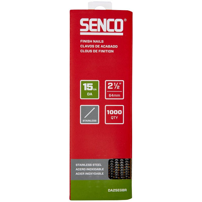 Senco DA25EGBR Finish Nail Strip, 2-1/2 in L, 15 ga, Stainless Steel, Sencote, Brad Head