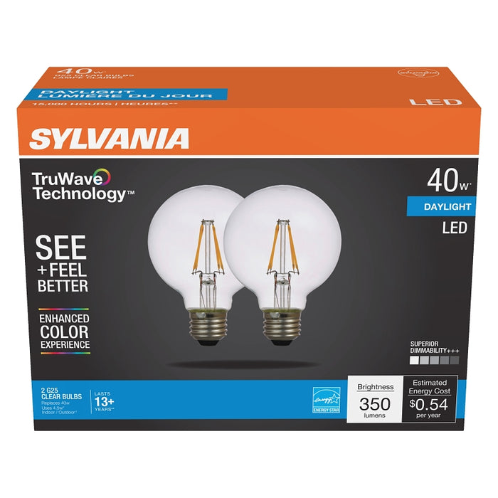 Sylvania Natural 41332 LED Bulb, G25 Lamp, 40 W Equivalent, E26 Medium Lamp Base, Dimmable, Clear, Daylight Light