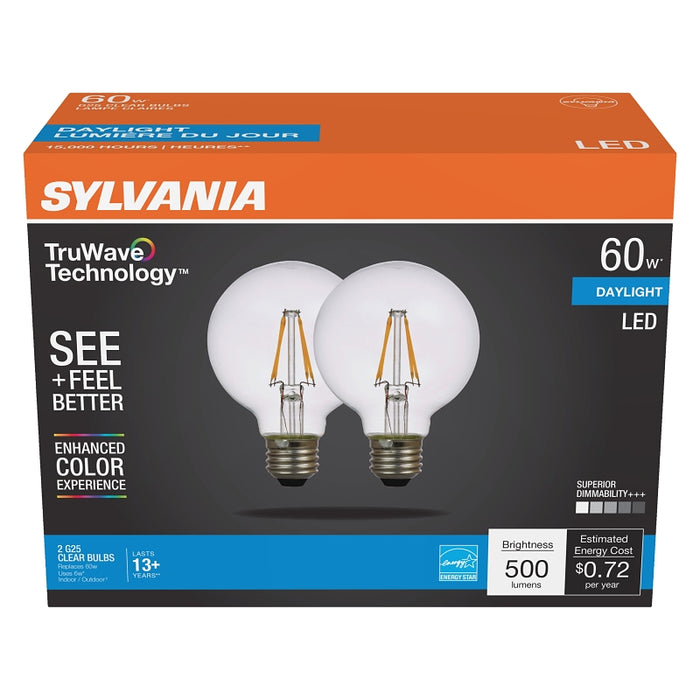 Sylvania Natural 41334 LED Bulb, G25 Lamp, 60 W Equivalent, E26 Medium Lamp Base, Dimmable, Clear, Daylight Light