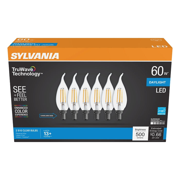 Sylvania Natural 41322 LED Bulb, B10 Lamp, 60 W Equivalent, E12 Candelabra Lamp Base, Dimmable, Clear