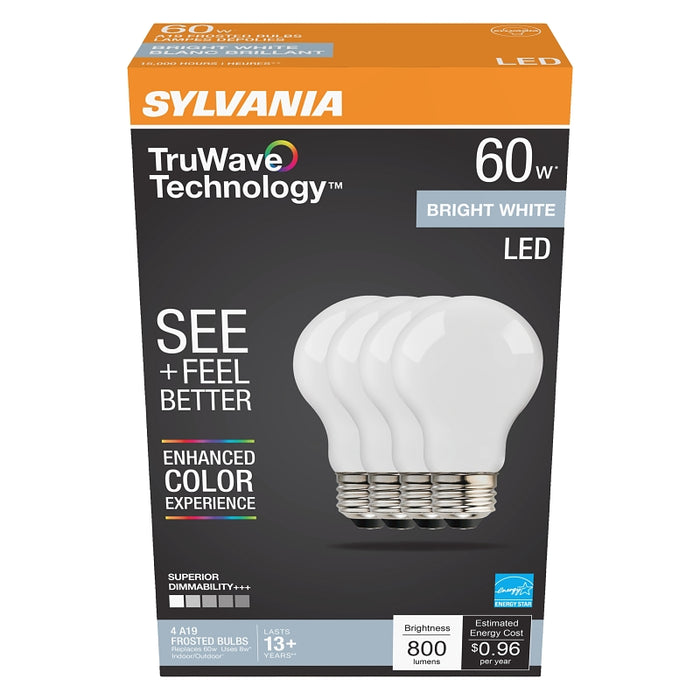 Sylvania Natural 41295 LED Bulb, A19 Lamp, 60 W Equivalent, E26 Medium Lamp Base, Dimmable, Frosted