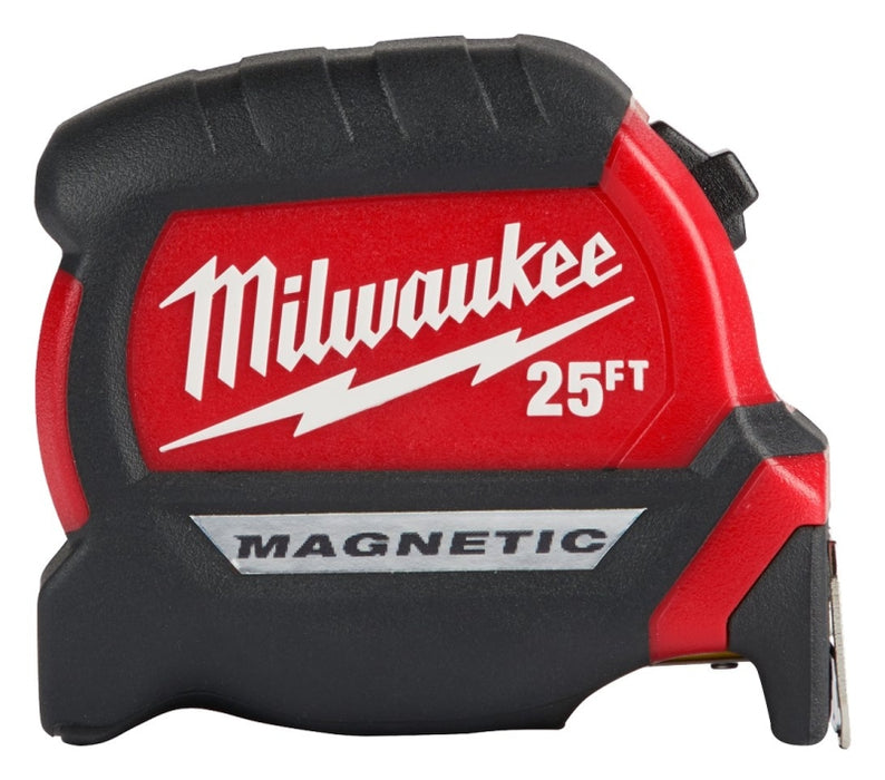 Milwaukee 48-22-0325 Tape Measure, Wide Blade, 25 ft L Blade, 1 in W Blade, Steel Blade, ABS Case, Black/Red Case