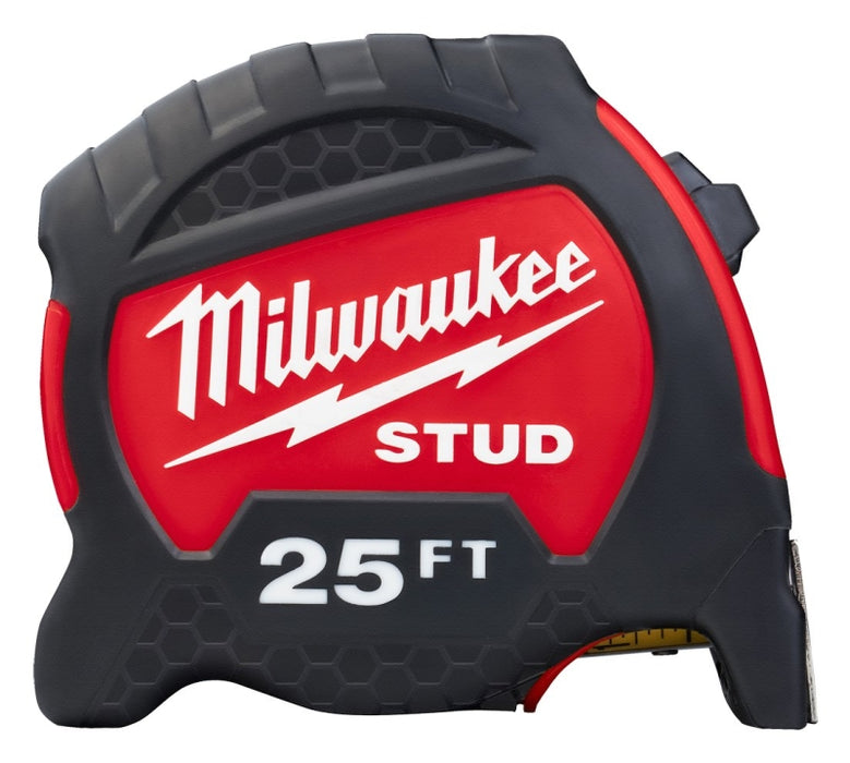 Milwaukee STUD Series 48-22-1425 Tape Measure, 25 ft L Blade, 1-19/64 in W Blade, Steel Blade, ABS Case, Black/Red Case