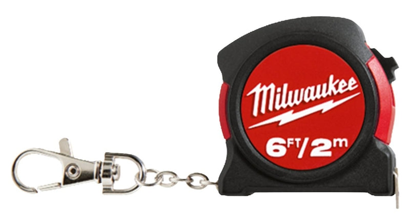 Milwaukee 48-22-1706 Keychain Tape Measure, 6 ft L Blade, 13 mm W Blade, Steel Blade, ABS Case, Black/Red Case