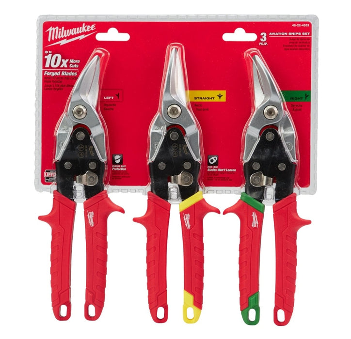 Milwaukee 48-22-4533 Aviation Snip Set, 10 in OAL, 5 in L Cut, Left, Right, Straight Cut, Steel Blade, Ergonomic Handle