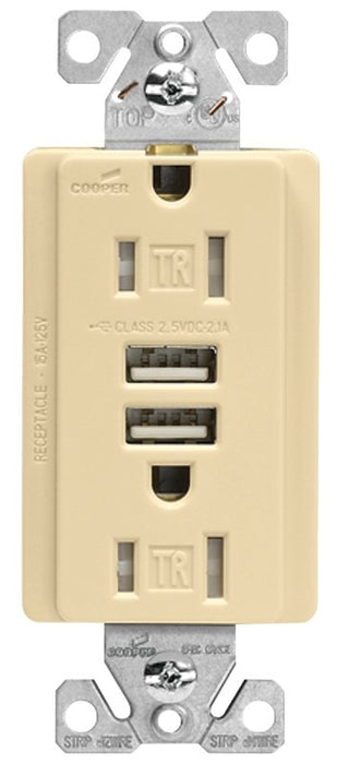 Eaton TR7755V-K-L Receptacle, 15 A, 125 V, 2-USB Port, NEMA: NEMA 5-15R, Ivory