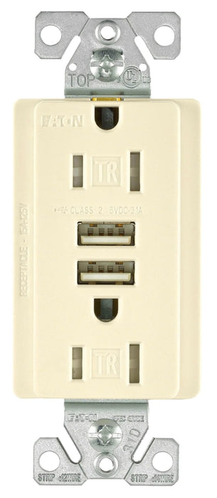 Arrow Hart TR7755LA-K Combination USB Receptacle, Light Almond, 2-Pole, 3.1 A USB, 15 A Receptacle, 2-USB Port