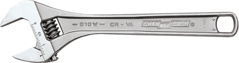 Channellock WIDEAZZ Series 810W Adjustable Wrench, 10 in OAL, 1.38 in Jaw, Steel, Chrome, Plain-Grip Handle