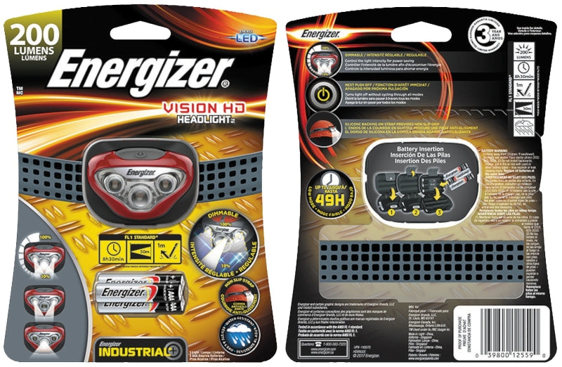 Energizer HDBIN32E Headlight, AAA Battery, Alkaline Battery, LED Lamp, 200 Lumens, 50 m Beam Distance, 8.5 hr Run Time