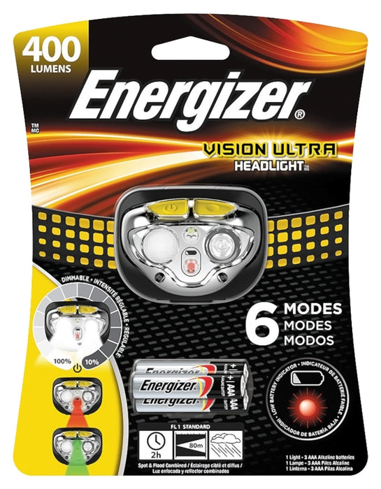 Energizer HDE32E Headlight, AAA Battery, LED Lamp, 400 Lumens, 80 m Beam Distance, 2 hr Run Time, Gray