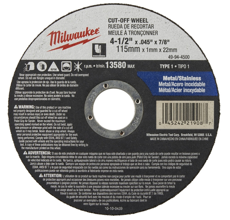 Milwaukee 49-94-4500 Cut-Off Wheel, 4-1/2 in Dia, 0.045 in Thick, 7/8 in Arbor