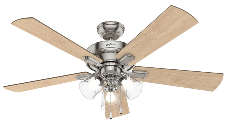 Hunter Crestfield Series 54206 Ceiling Fan, 5-Blade, Bleached Gray Pine/Natural Wood Blade, 52 in Sweep, MDF Blade