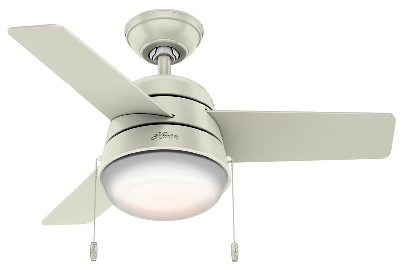 Hunter Aker Series 59301 Ceiling Fan, 3-Blade, Fresh White Housing, Fresh White/Natural Wood Blade, 36 in Sweep