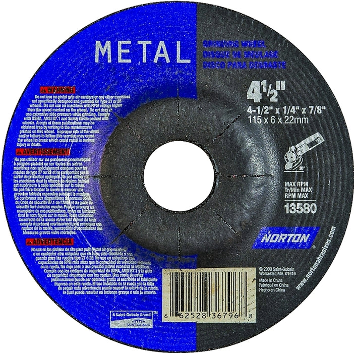 Norton 66252836796 Grinding Wheel, Applicable Materials: Carbon Steel, Stainless Steel, 4-1/2 in Dia, 1/4 in Thick