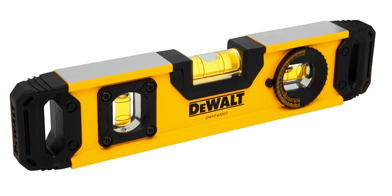 DEWALT DWHT43003 Torpedo Level, 9.7 in L, 3-Vial, Magnetic, Aluminum, Black/Yellow