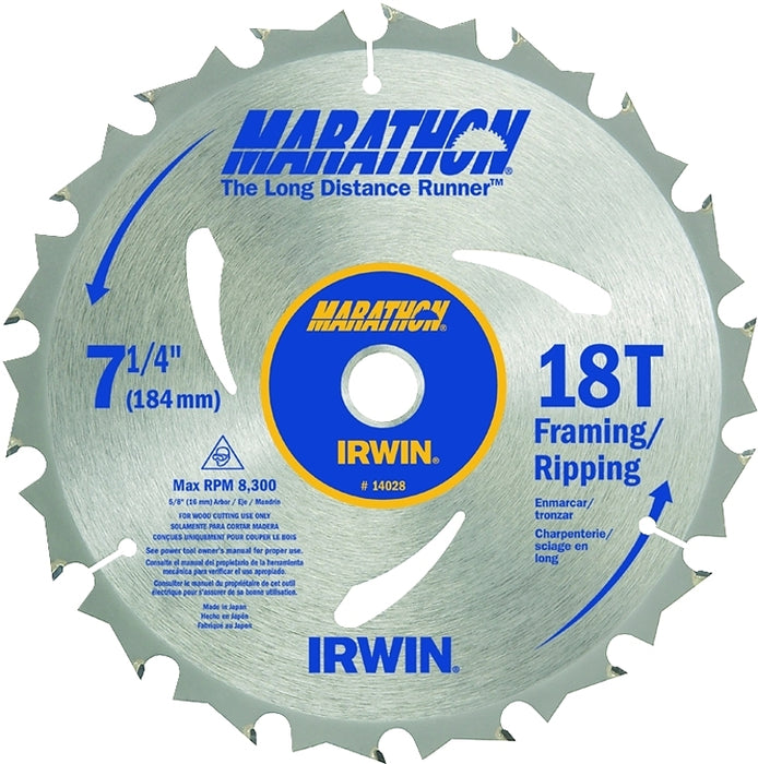 Irwin Marathon 14028 Circular Saw Blade, 7-1/4 in Dia, 5/8 in Arbor, 18-Teeth, Carbide Cutting Edge