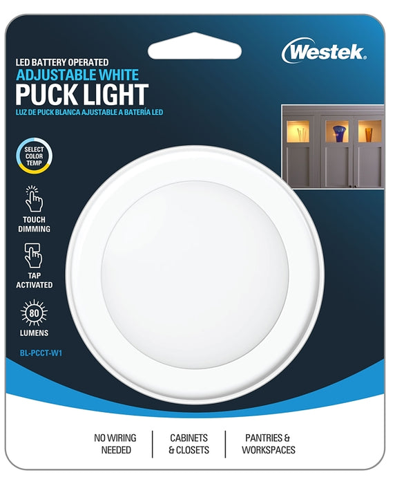 Westek BL-PCCT-W1 Adjustable Puck Light, 3.37 in Dia, AA Battery, LED Lamp, 80 Lumens, White, 1/CD