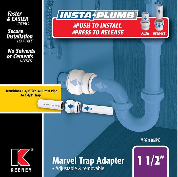 Insta-Plumb 95IPK Pipe Trap Adapter, 1-1/2 in, Push-to-Connect, Plastic, White