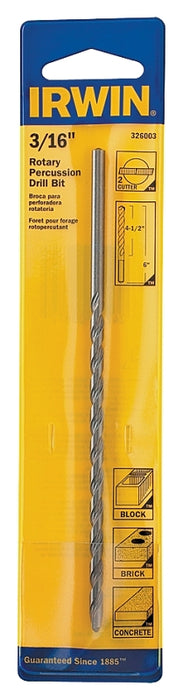 Irwin 326003 Rotary Hammer Drill Bit, 3/16 in Dia, 6 in OAL, Percussion, Twist Flute, 2-Flute, 3/16 in Dia Shank