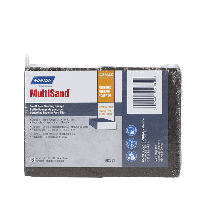 Norton MultiSand 02081 Sanding Sponge, 4 in L, 2-3/4 in W, 75 Grit, Fine, Medium, Silicon Carbide Abrasive